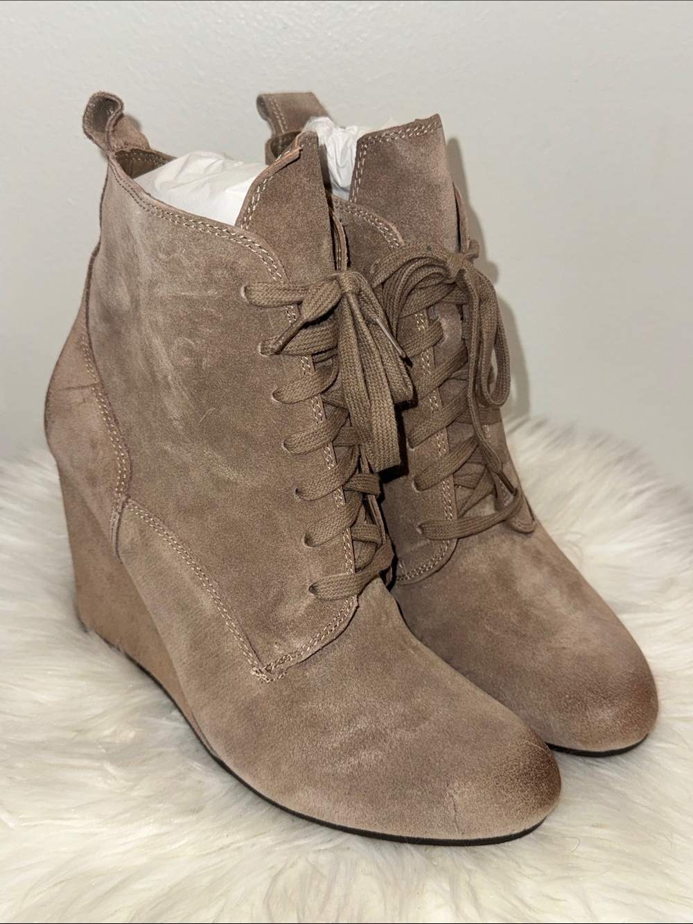 Dolce Vita Taupe Suede Lace-Up Wedge Booties